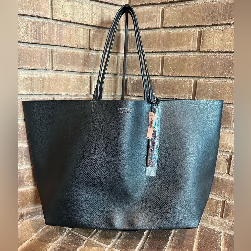 NWT Victoria's Secret Black Faux Leather XL Tote Bag Rainbow Tassel